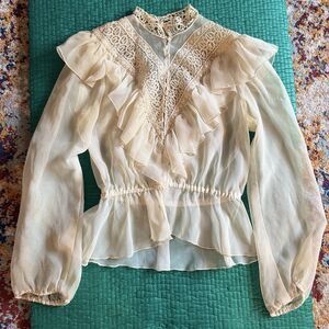 Antique 1800s Victorian Romantic Edwardian Blouse Sheer Net Lace Silk Bridal XS